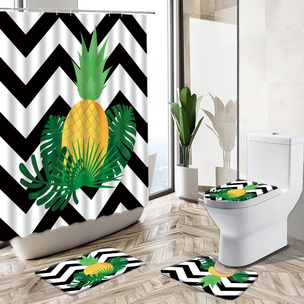 Summer Fruit Pineapple Bathroom Shower Curtain Set Tropical Green Plants Black White Stripes Non-Slip Rug Toilet Cover Bath Mat