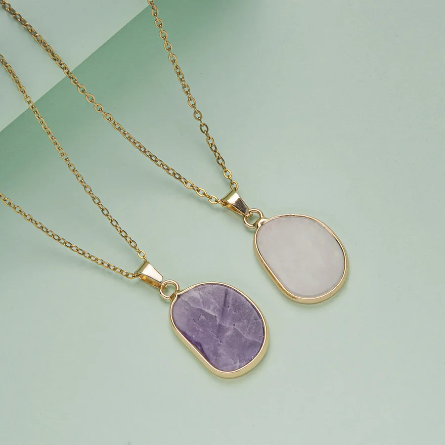 1pcs Natural stone crystal irregular geometric shape gold plated edge stainless steel pendant necklace clavicle chain jewelry