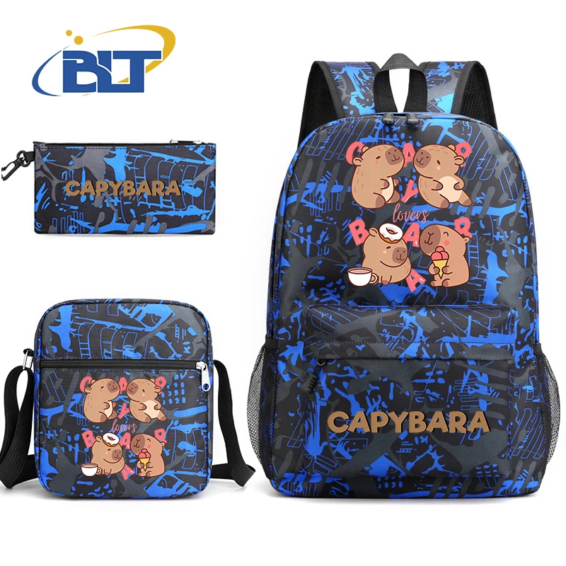 Capybara Cartoon Animal Print Mochila Set, Bolsa Escolar Estudante, Bolsa de Ombro, Lápis Case, Kids, Presente de Volta à Escola, Bonito, 3 Pcs