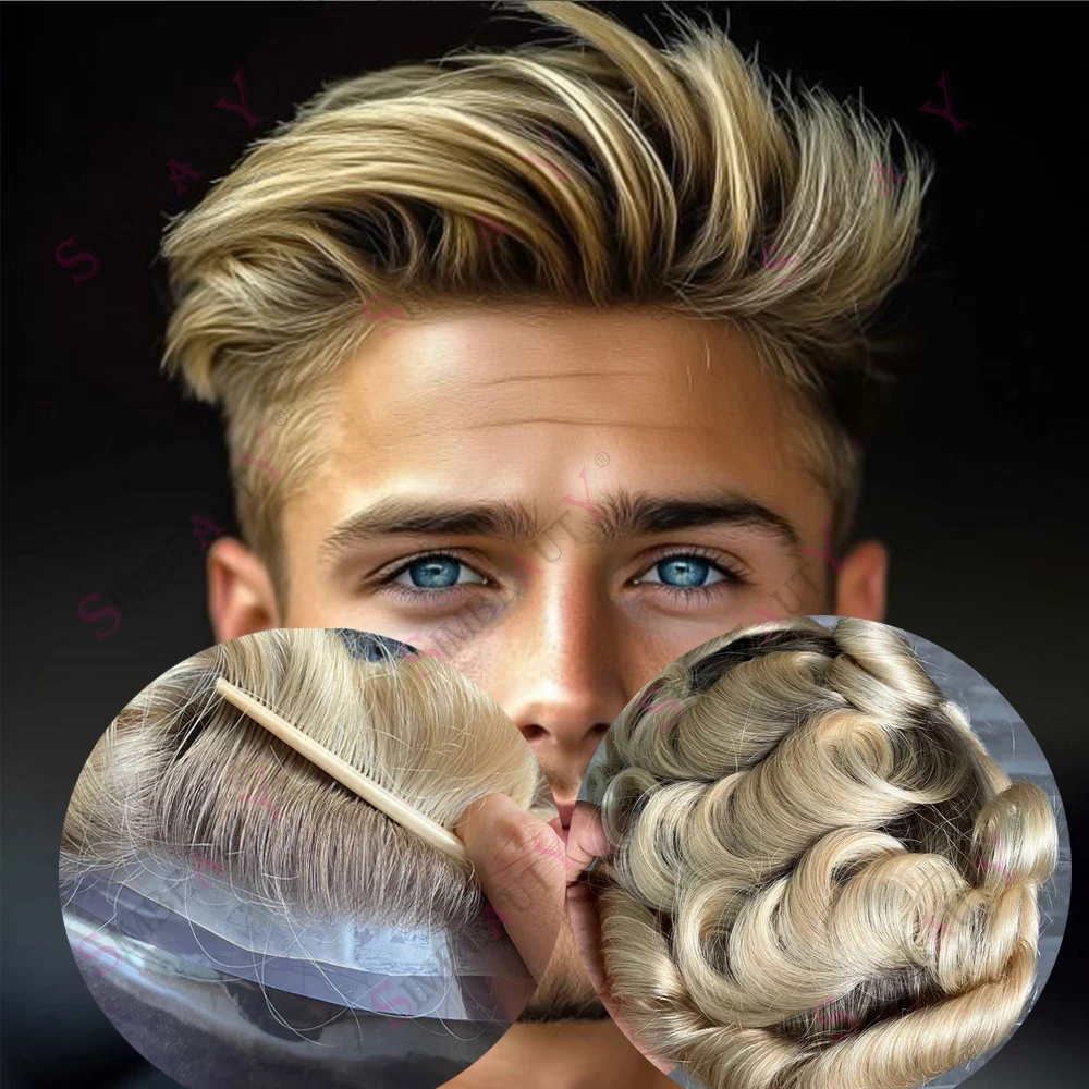 

Невидимый натуральный 0,06 мм супер прочный ультратонкий мужской парик европейский Ombre блондин коричневый корень Vloop протез человеческих волос