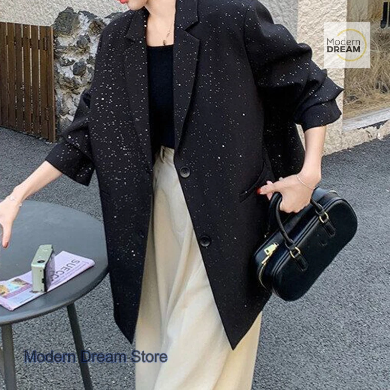 Francuski styl mody, czarna marynarka z cekinami, damska, wiosenno-jesienna, nowa, plus size, luźny krój, retro, elegancka marynarka.