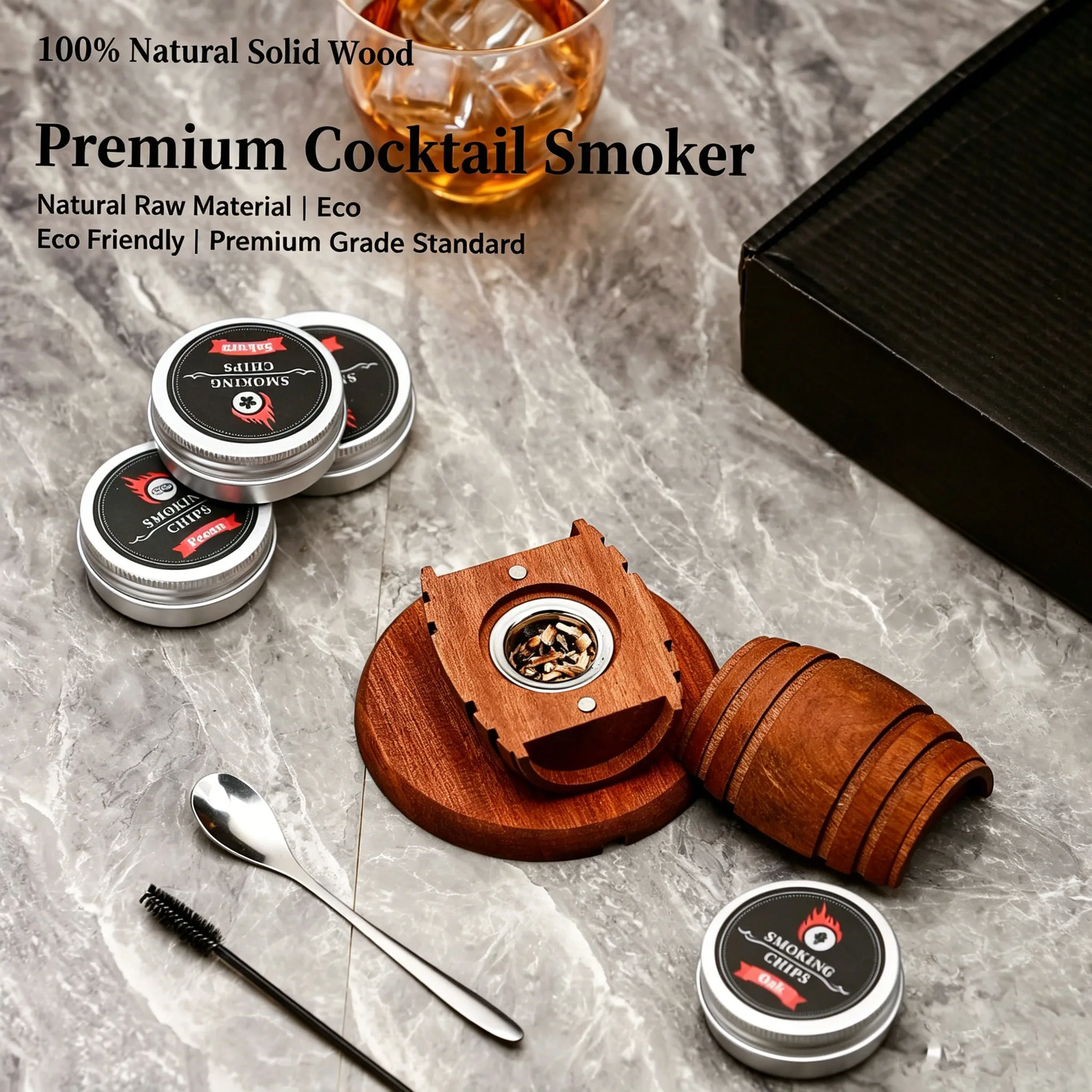 Vintage Wooden Barrel Whiskey Smoker Set With 4 Flavors Natural Wood Chips For Bourbon Wine Cocktails Gatherings And Parties