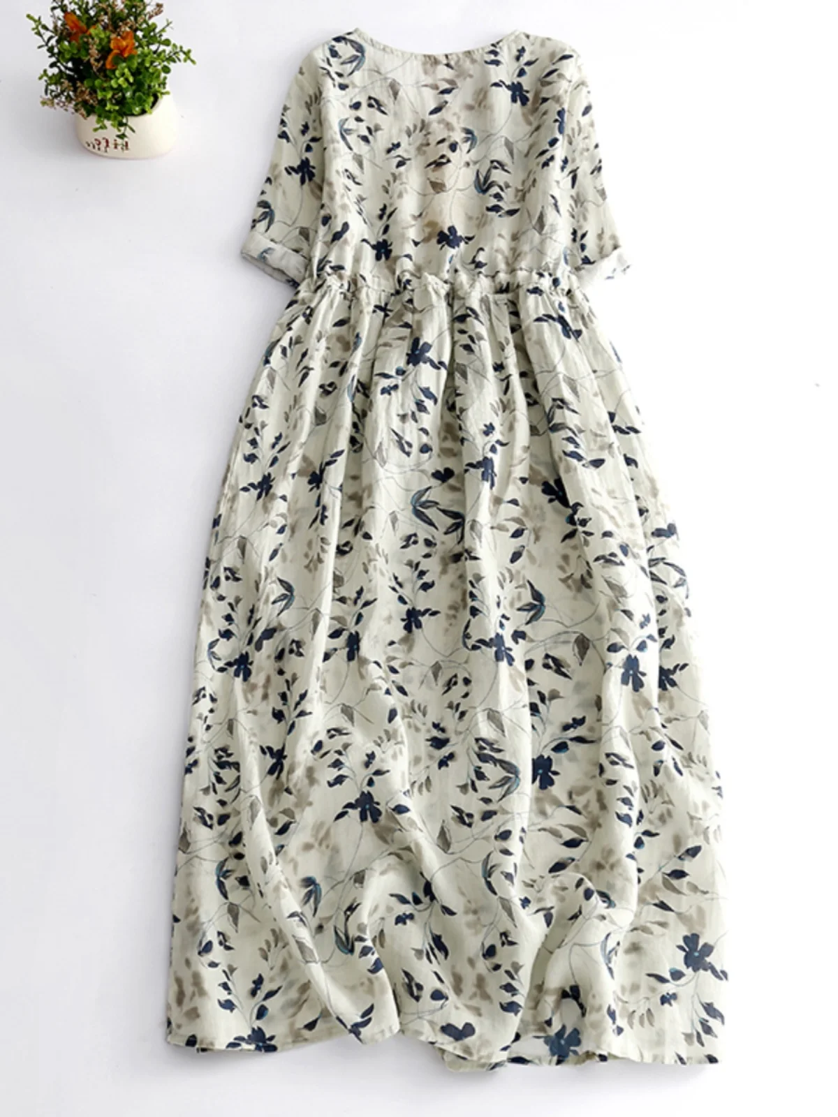 فستان صيفي جديد بتصميم فني من الكتان، فضفاض وذو طابع شخصي، برقبة على شكل V وحزام خصر، تنورة طويلة على شكل حرف A #3