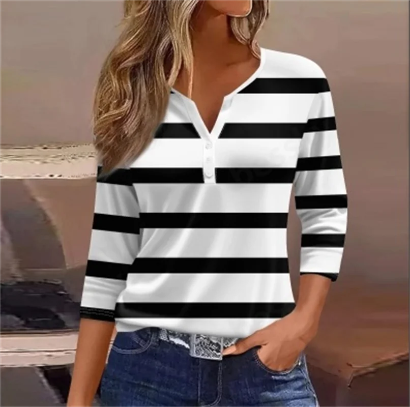 

Women's 3/4 Sleeve Fashion V-neck Button Daily Casual Printed T-shirt