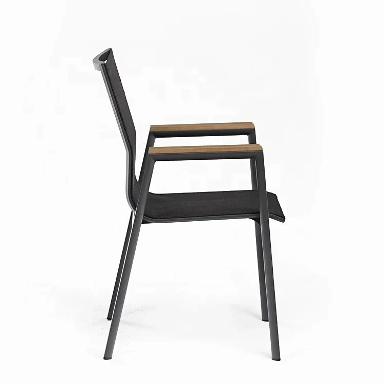 *#g for(E3042) Aluminum Metal Black Stackable Outdoor Patio Cafe Dining Chairs with Teak Armrests*