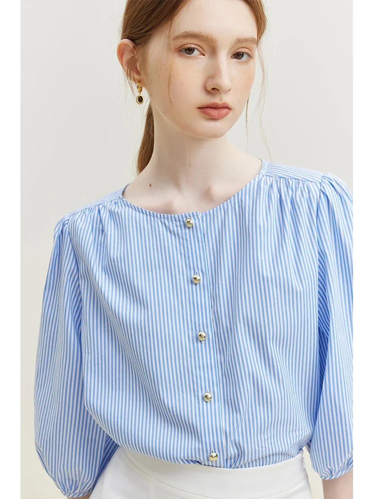 

FSLE Blue Stripe Short Sleeve Shirt Women's Summer 2023 New Style Round Neck Tops Blue Women Casual Loose Women Stripe Shirt