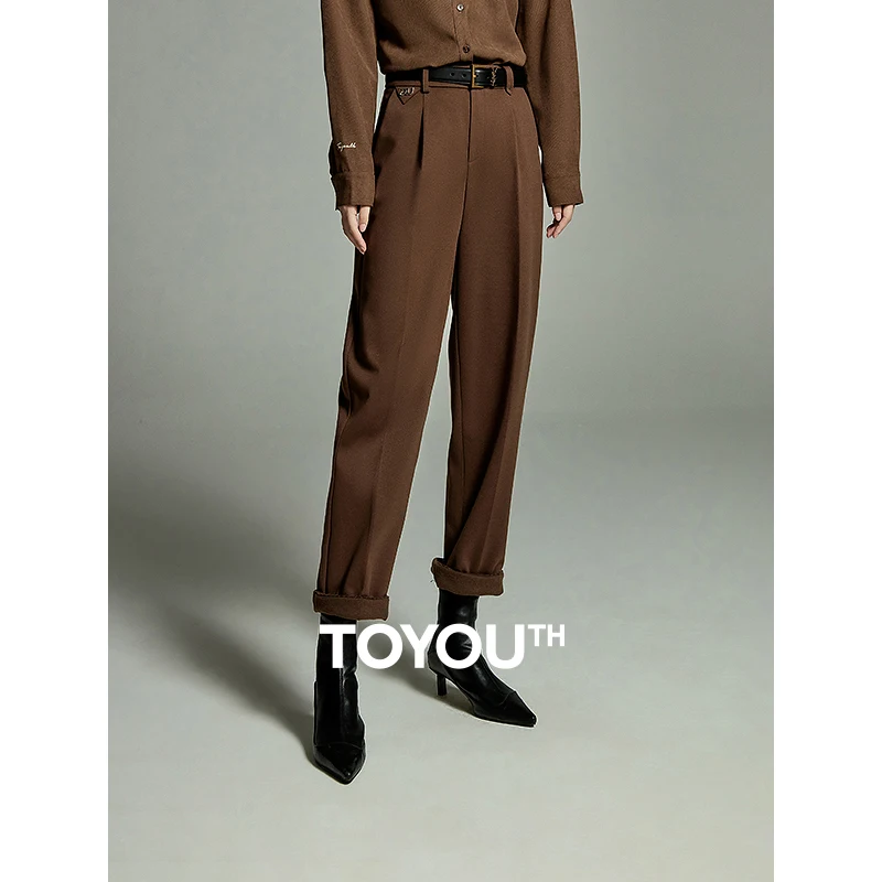 TOYOUTH Women Suit Pants 2024 Winter High Waist Straight Loose Warm Imitation Woolen Fabric Office Lady Coffee Black Trousers