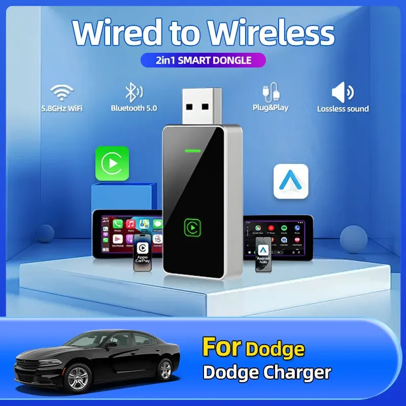 1pcs 2025 New Car Styling 2in1 Wireless Car Play Auto Adapter USB Smart Mini Box Plug And Play Car Accessories For Dodge Charger