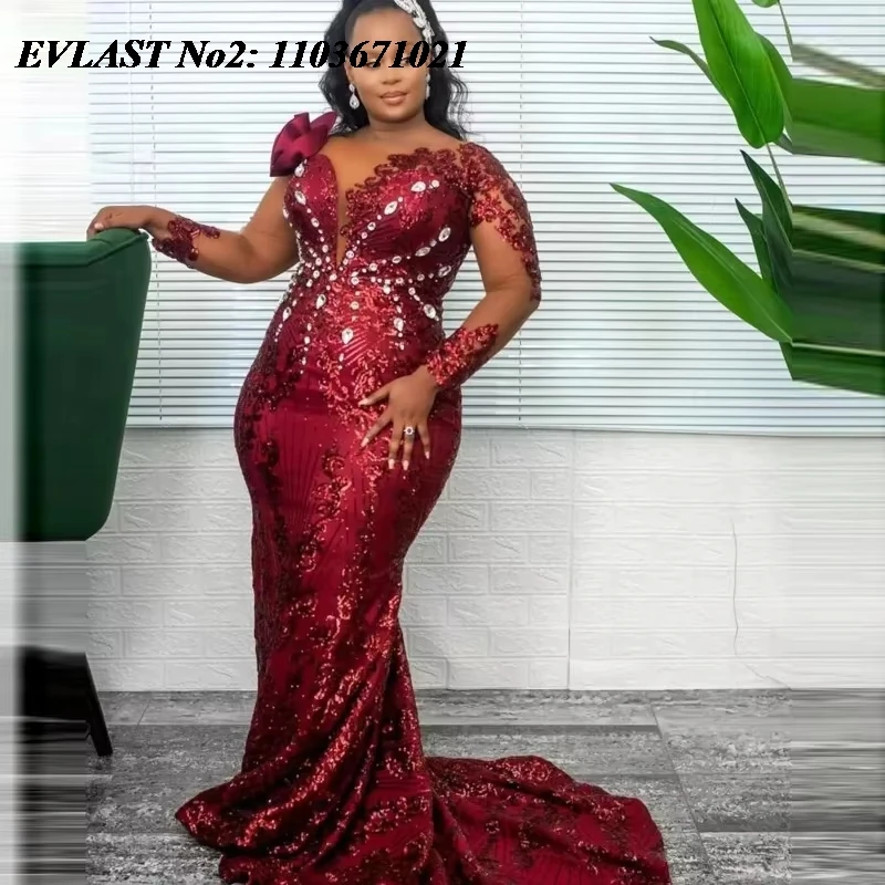 

EVLAST Customized African Burgundy Aso Ebi Mermaid Prom Dress Long Sleeve Crystal Beaded Evening Gown Robe De Soiree E2P146