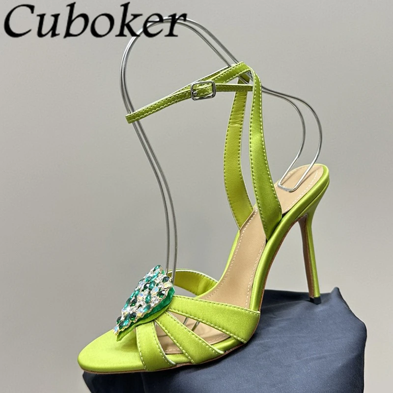 

2024 Summer Heart-shaped Crystal High Heel Sandals Women Fashion Peep Toe Ankle Strap Stilettos Sexy Party Wedding Shoes Mujer