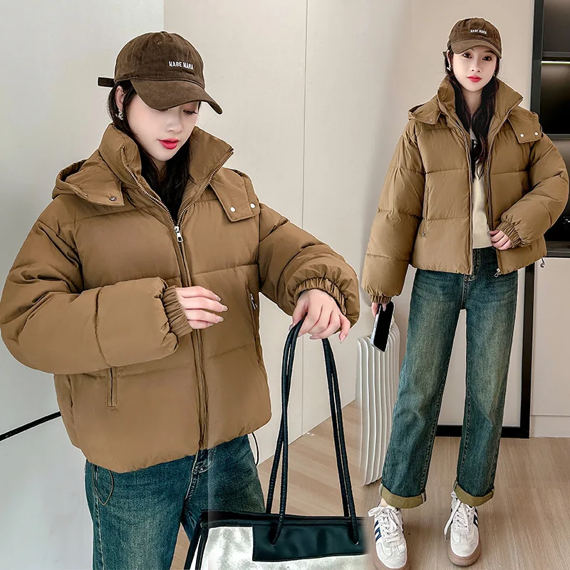 Cotton Jackets Women Parkas Hooded Short Coat Zipper Outerwear Puffer Winter Thick Warm Windproof Pockets Overcoat Office Lady