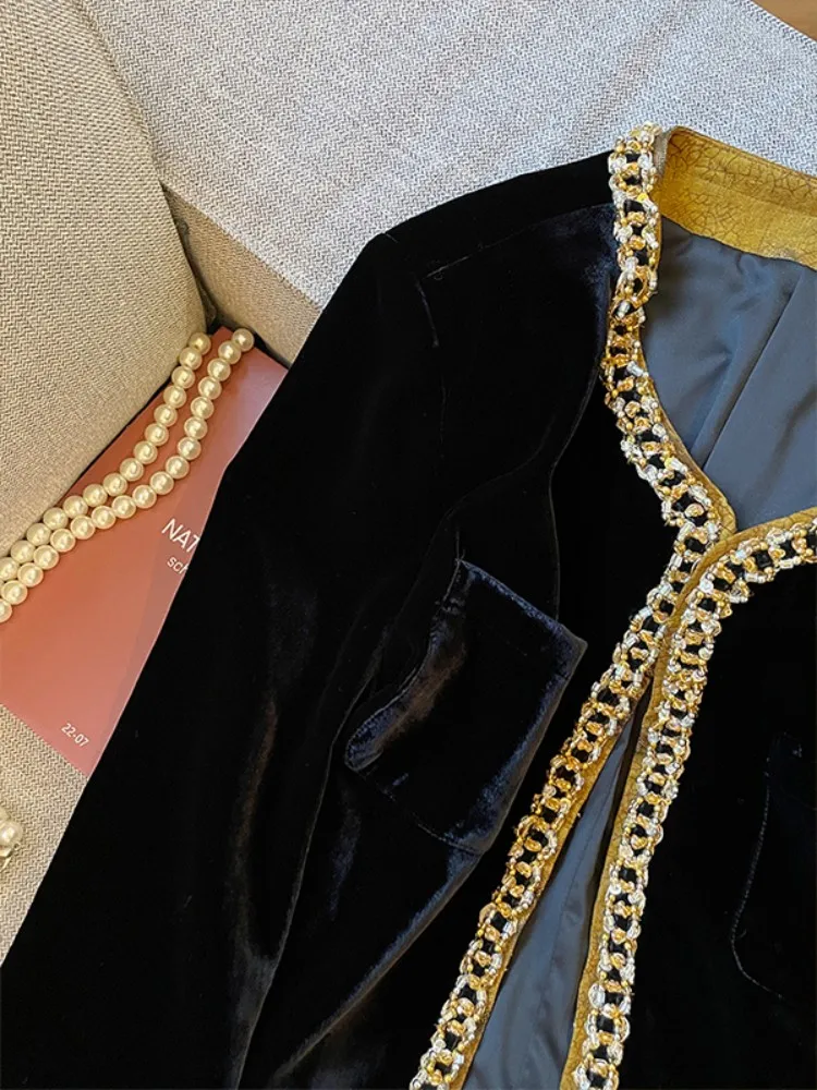 Retro Black Velvet O-Neck Women Jacket Winter New Long Sleeve Loose Fit Top Jackets Outerwear French Style Work Ladies Coat