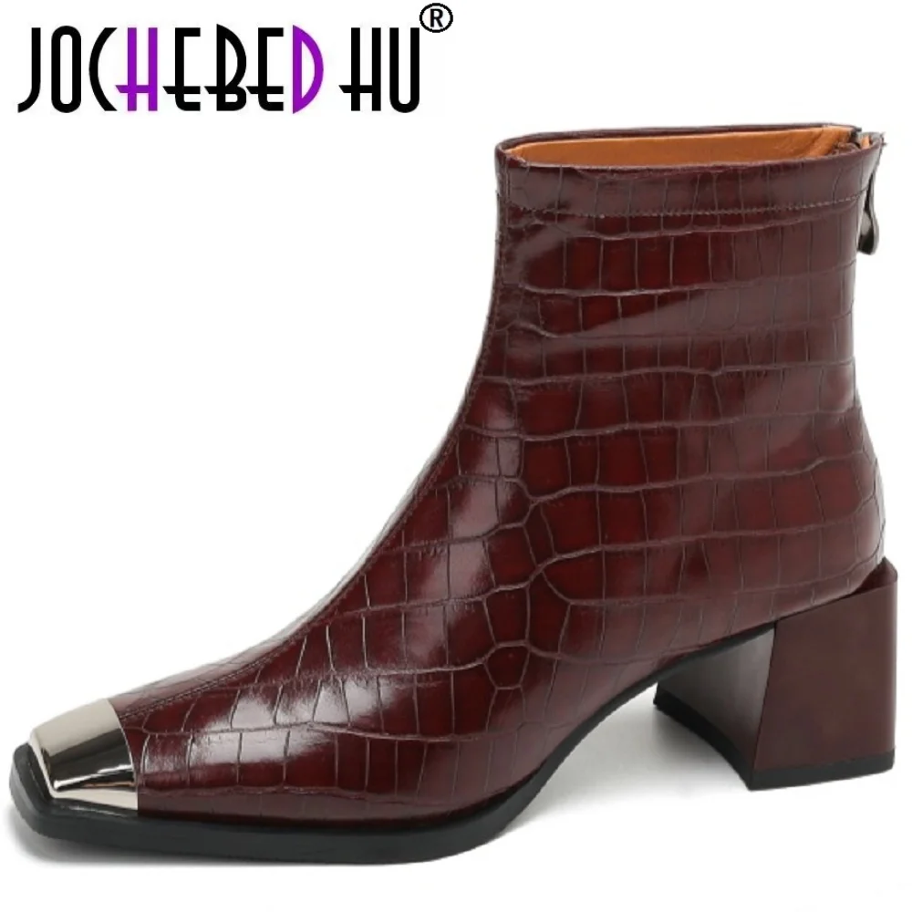 

【JOCHEBED HU】Women's Handmade Genuine Leather Soft and comfortable Mid Heel Ankle Boot Thi Heel ort Inner Fce Layered 33-40