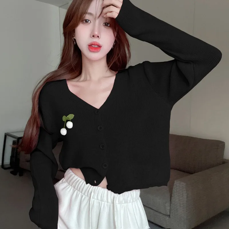 

Women's Cardigan Solid Color Cherry Ornaments Casual Sweet Long Sleeves Knitted Spring Autumn Sweater