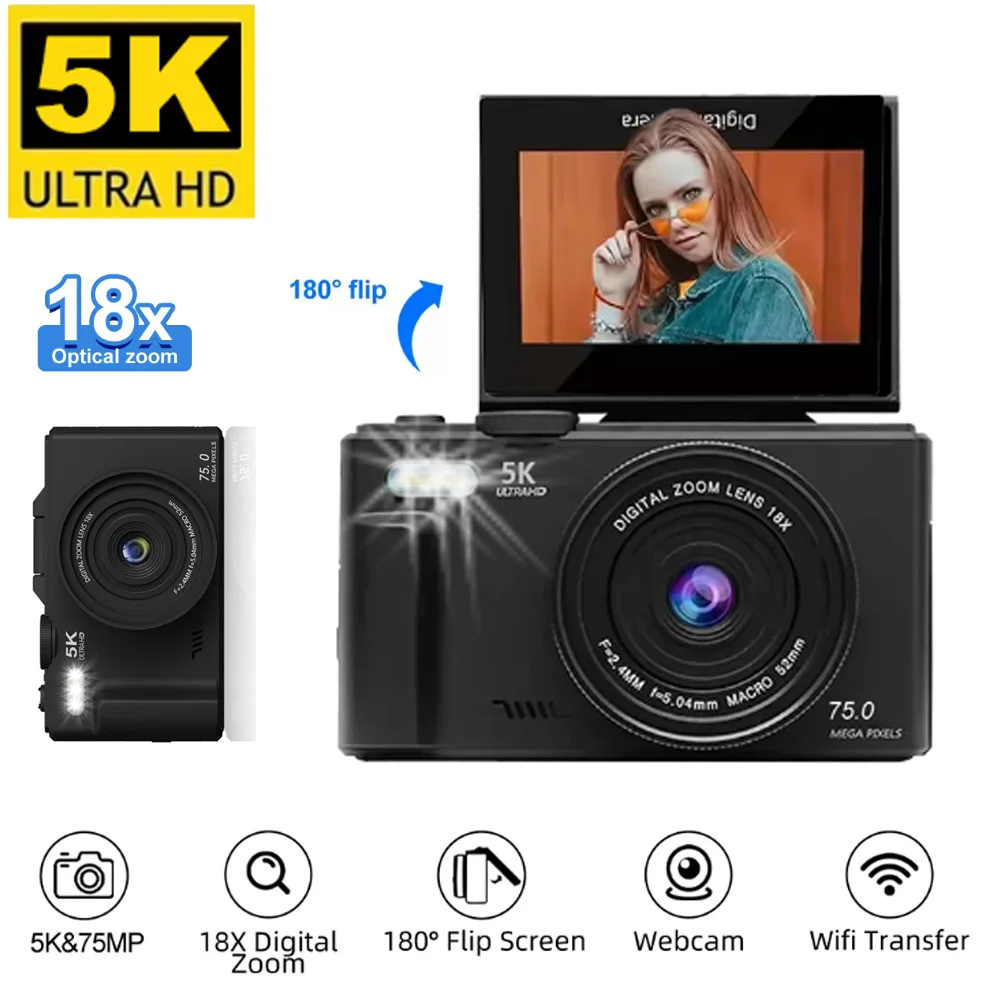 Цифровая камера 75 МП и UHD 5K Компактная фотокамера с 18-кратным цифровым зумом и 3-дюймовым перекидным экраном на 180 градусов Селфильная веб-камера с Wi-Fi