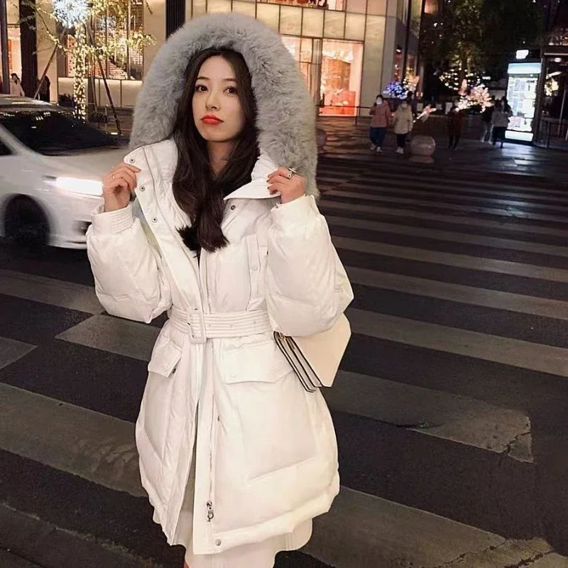 2025 New Women White Duck Down Jacket Winter Coat Female Mid-length Parkas Hooded Thicken Outwear  Waist Slimming Overcoat