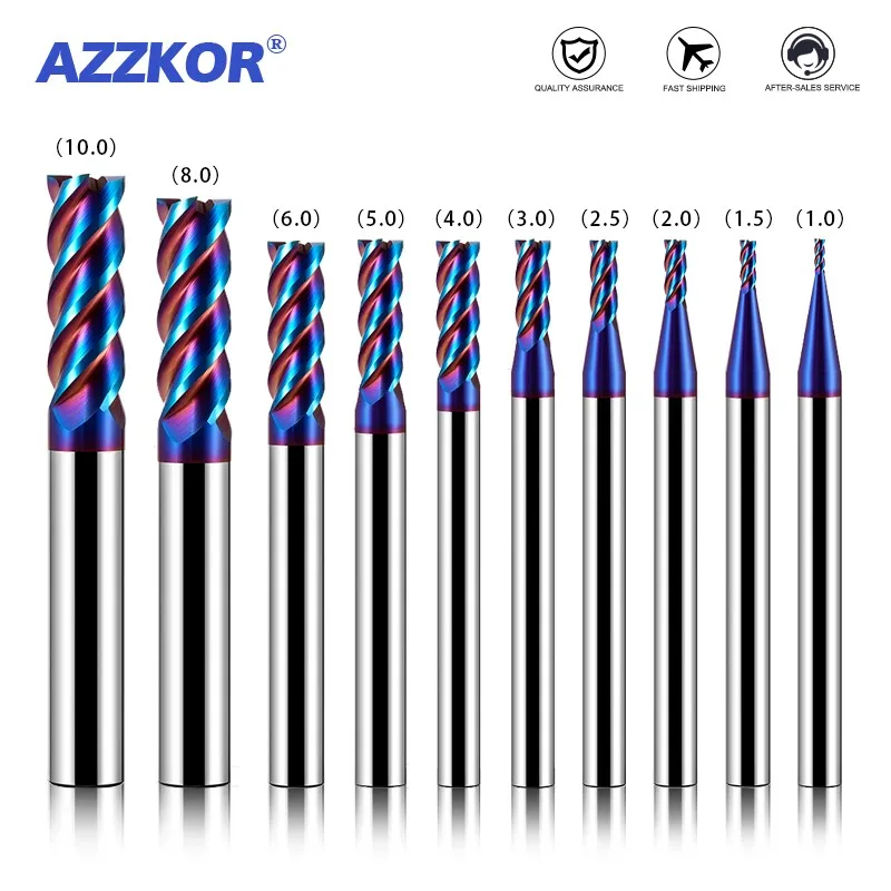 

AZZKOR HRC70 4-Flute Tungsten Steel Carbide 10 Piece-set Blue Nano Coating Flat Milling Cutter CNC Mechanical Machining Tools