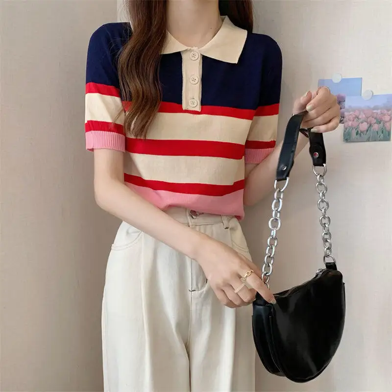 Letnia Nowa Damska Koszulka w Paski z Dzianiny, Krótki Rękaw, Casualowy Krój Slim Fit, Poliester, Modna, Przeciwstarzeniowa