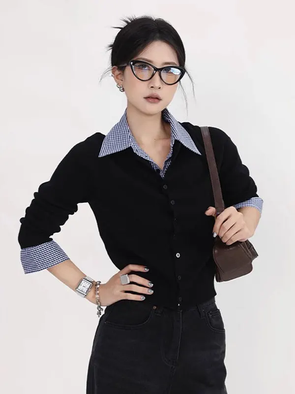 Women's Plaid Shirt Collar Splice Knitted Sweater Coat Slim Fit Autumn Winter Outerwear  Neck Open Cardigan Base Shirt Top