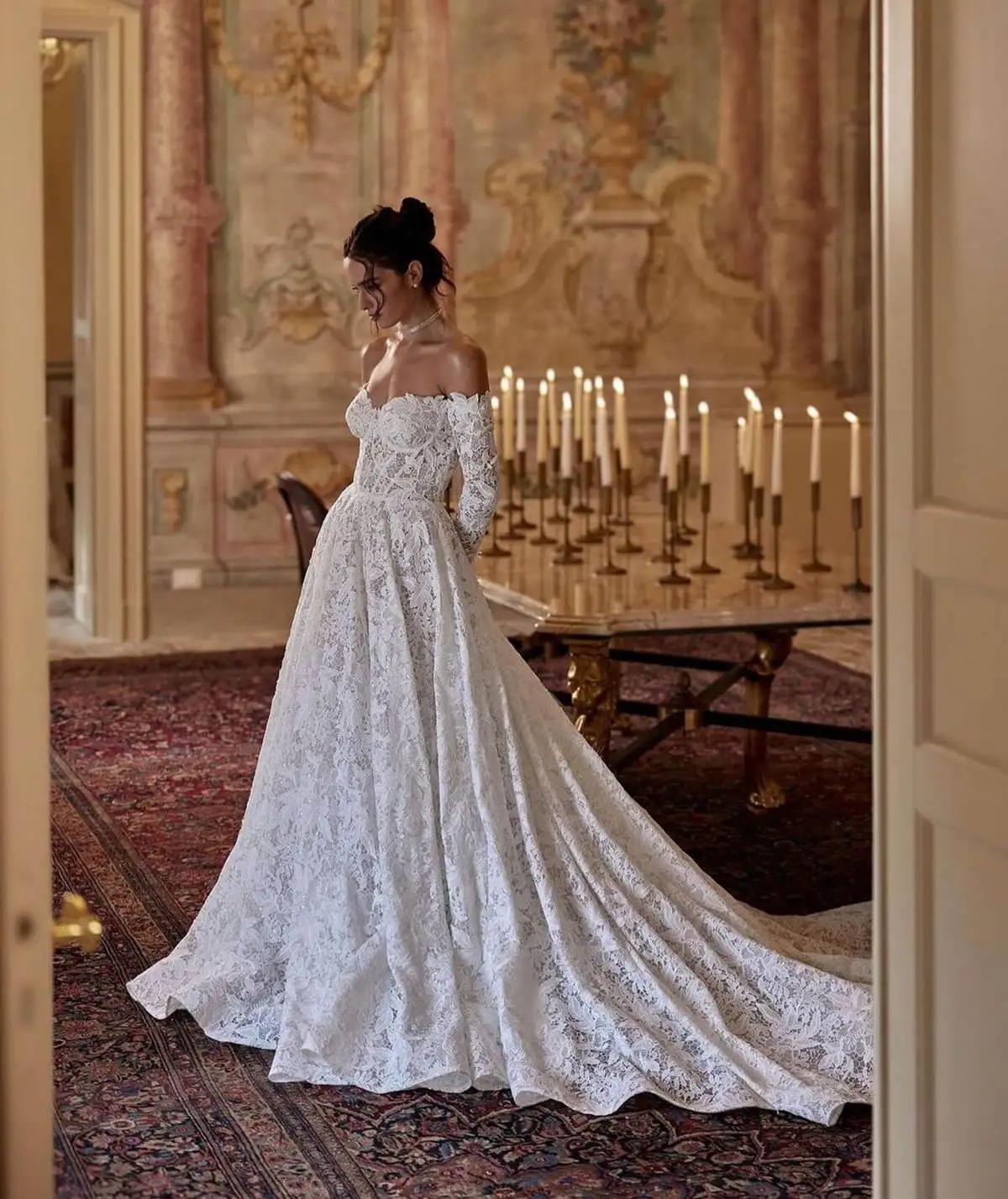 Gorgeous A Line Wedding Dresses Sweetheart Off Shoulder Lace Bridal Dress Long Sleeve Sweep Train Bride Gown Chapel