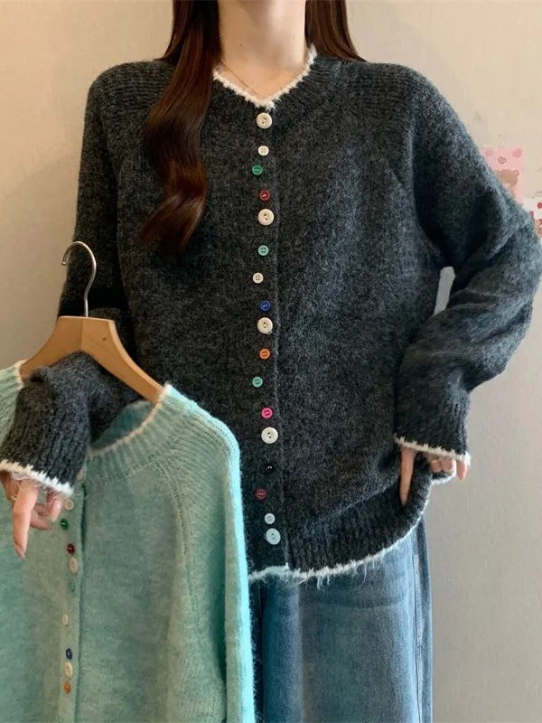 Soft Cozy Color Blo Korean Sle Women's Sweater Cardigan Faionable Winter Apparel Versatile Long Sve round Ne Top