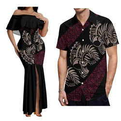 Island Couple Set Hawaiian Party Ladies Off-The-Shoulder Tuxedo Party Sexy Dress And Men'S Shirt Polynesian Tribal Design