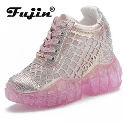 Fujin 10cm Air Mesh microfibra Leather Women High Brand Designer Shoes Ladies Vulcanize Summer Rhinestone Sneakers traspiranti