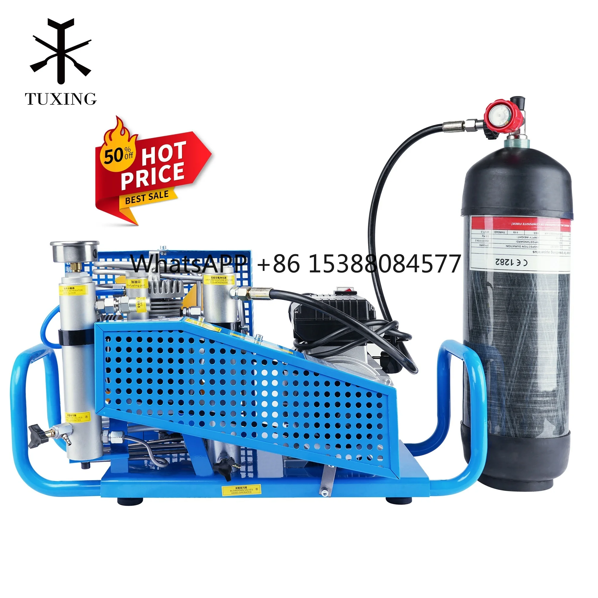 

TUXING Hot Sale High Pressure 100lpm 300bar 4500psi Auto Stop Four Cylinder Firefighting Breathing Scuba Diving Air Compressor