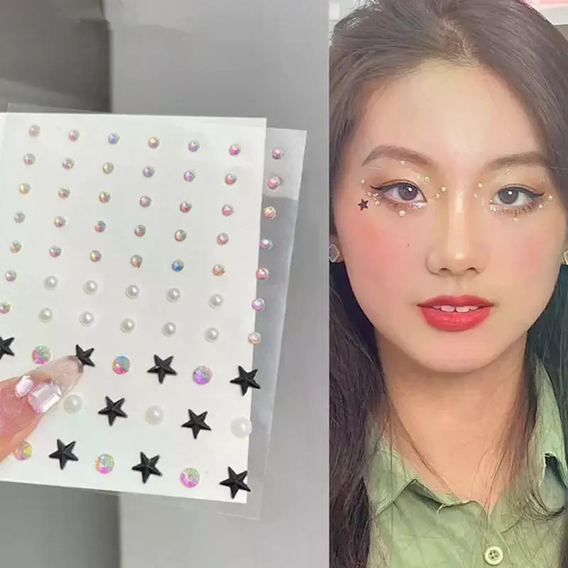 3D Eyes Face Makeup Temporary Tattoo Self Adhesive Beauty Colorful Pearl Jewels Stickers Festival DIY Body Art Decorations