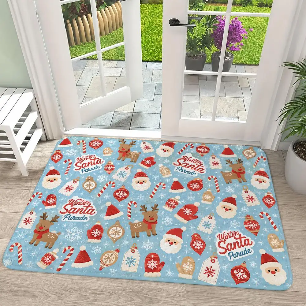 Santa Claus Reindeer Hat Candy Floor Mat Flannel Rug Soft Non Slip Washable Door Mat For Bathroom Bedroom Kitchen Home Decor