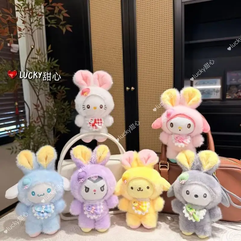 

Sanrio Hello Kitty Cinnamoroll Cross Dressing Rabbit Ears Bib Standing Ear Straw Hat Plush Toy Keychain Pendant Girl's Gift