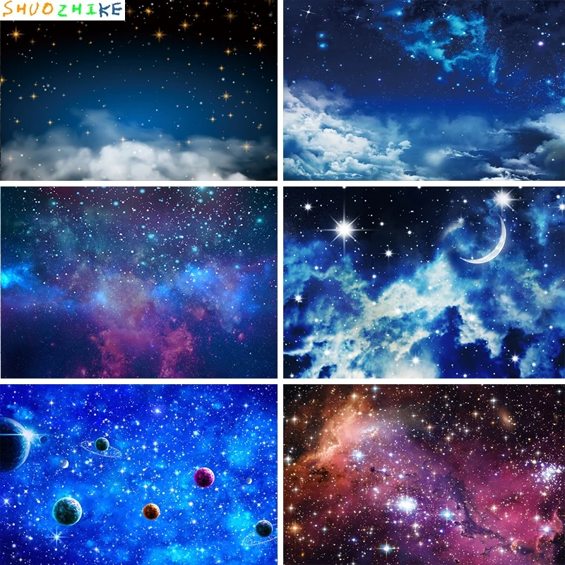 

Dark Blue Sky Clouds Night Scenic Glitter Starry Star Photography Backdrop Baby Shower Photocall Background Photo Studio