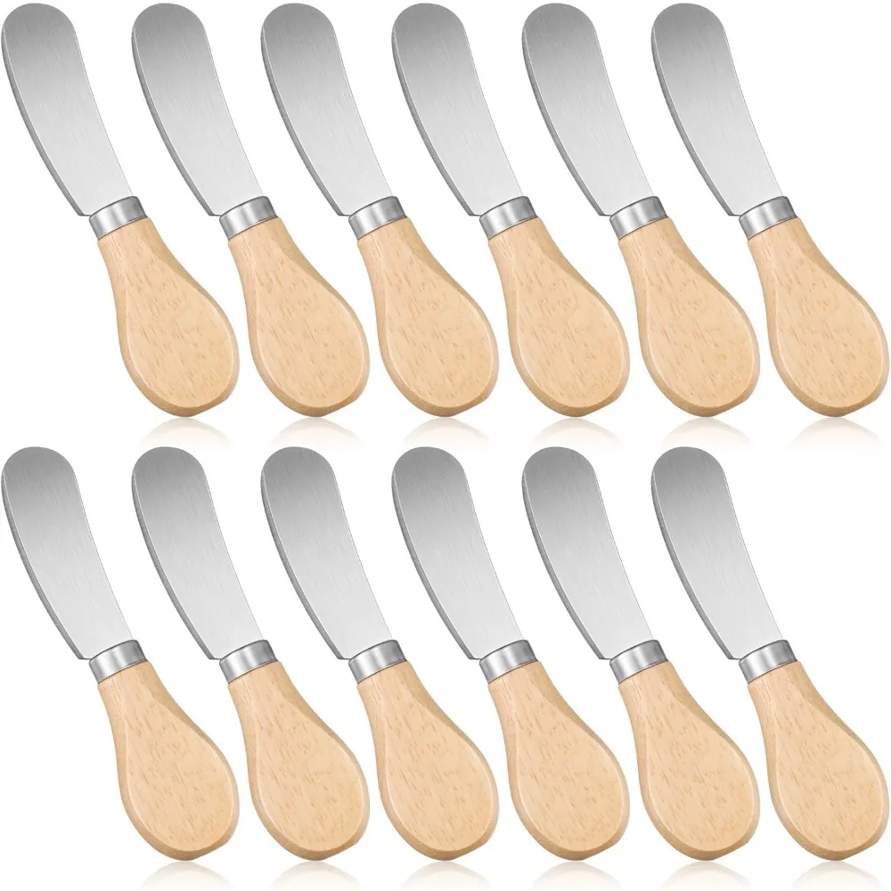 

12 Pieces Cheese Spreader Cheese Butter Knife Stainless Steel Butter Spreader Knives with Wooden Handle Sandwich Cream C