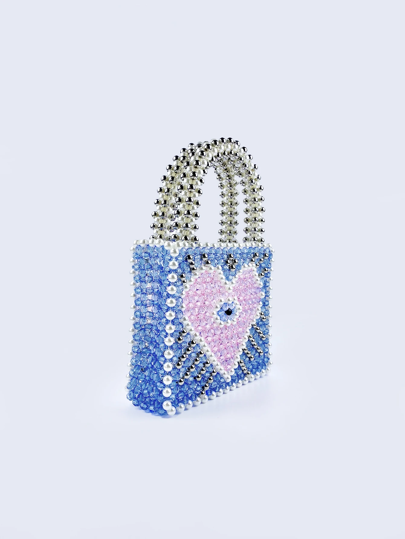 New Small Fragrant Wind High Appearance Blue Heart Shaped Color Block Sparkling Large Capacity Hand Carrying Love Beaded Bag