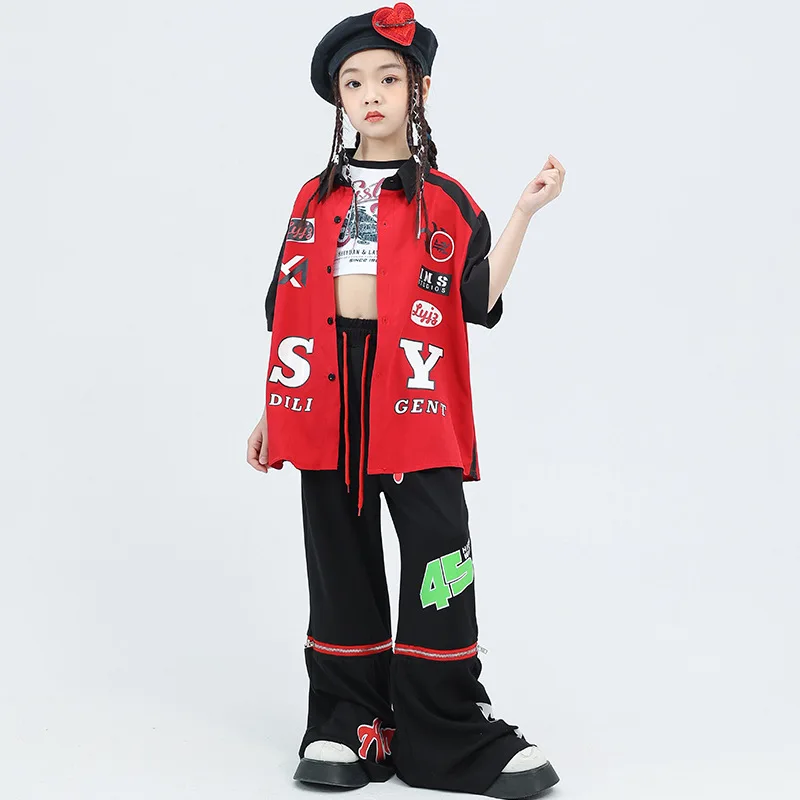 Girls Hip Hop Dance Outfits Letter Print Patchwork Jacket Practice Clothes Elastic Waist Flared Pant 2pcs Kpop Stage Costume Set