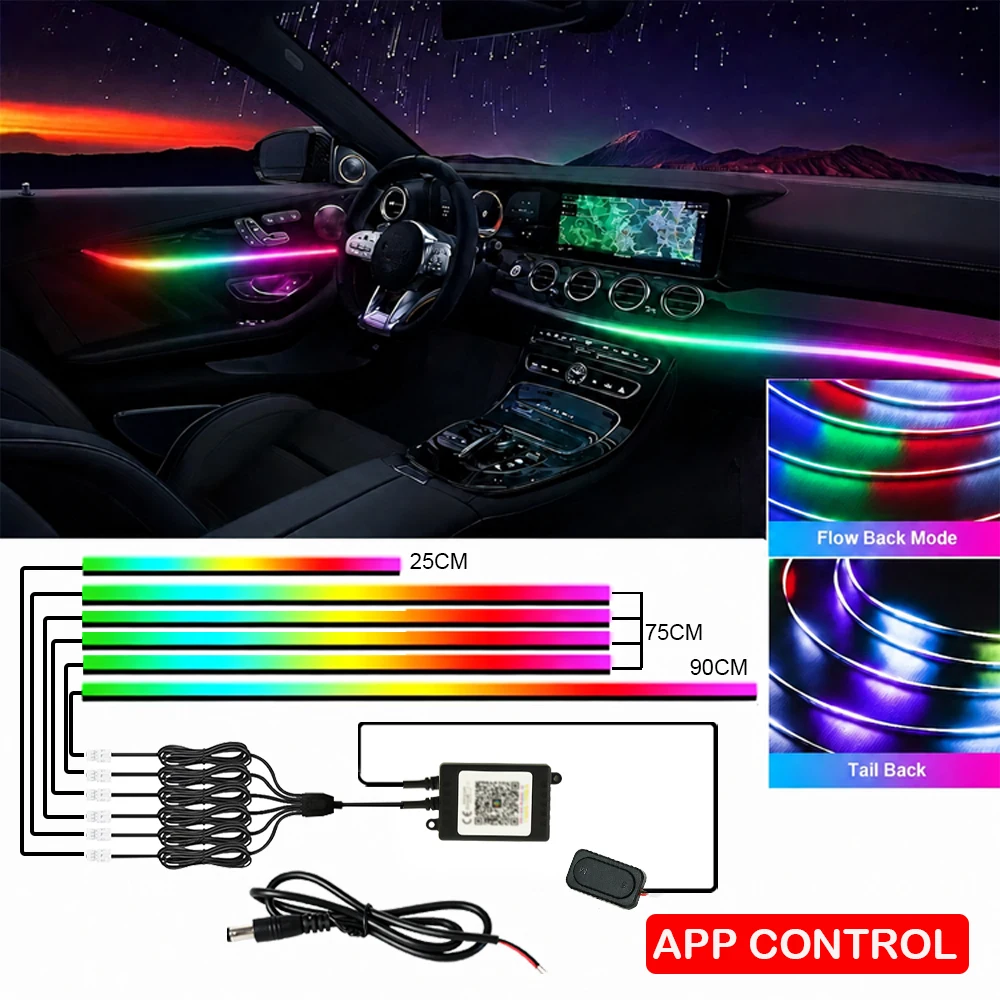 Kit di luci ambientali per interni auto in acrilico 6IN1 Dream Color, controllo tramite APP, modalità multiple, luci decorative per atmosfera con musica, luci neon RGB dinamiche a ritmo di arcobaleno