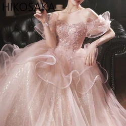 Customized French Style Evening Dress Women's 2024 New Off-shoulder Ruffle Cake Dresses Fashion Lace Up Sequin Floor-Length Prom