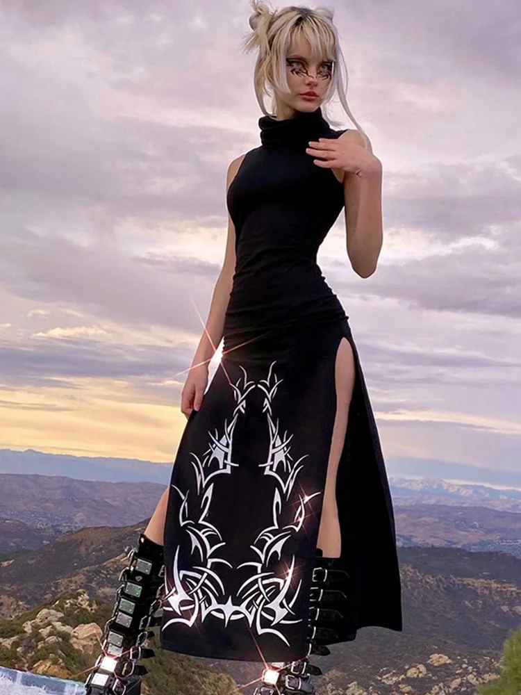 Vestido estampado gótico para mujer, vestido largo de moda Academia oscura con cuello alto de verano, vestidos negros sin mangas Harajuku