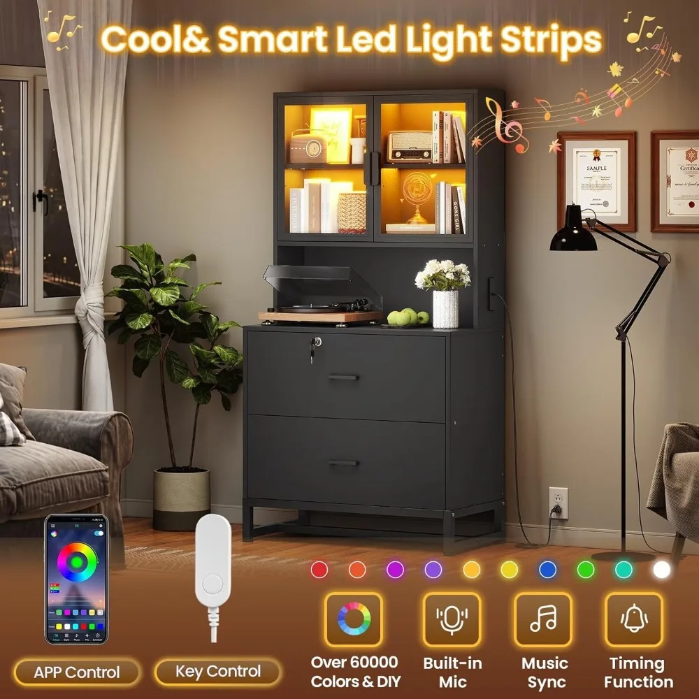 خزانة ملفات مع درجين ورف كتب وأضواء LED للمكتب المنزلي (أسود) #5