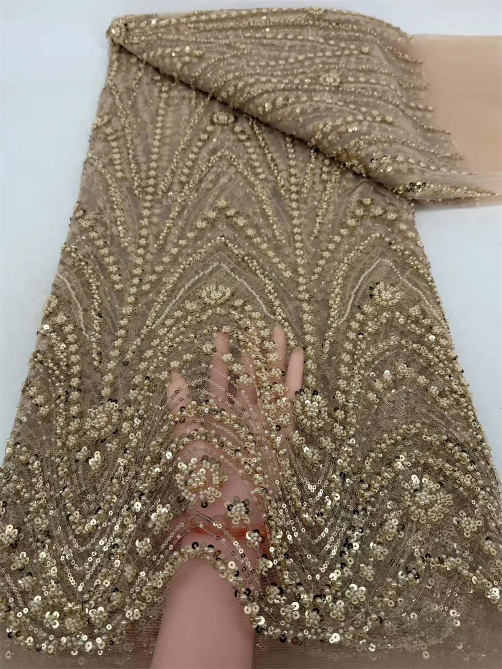 

Африканская золотая кружевная ткань 2025, высокое качество, нигерийская кружевная ткань с блестками и бусинами, французская кружевная ткань для шитья вечерних платьев H140-1