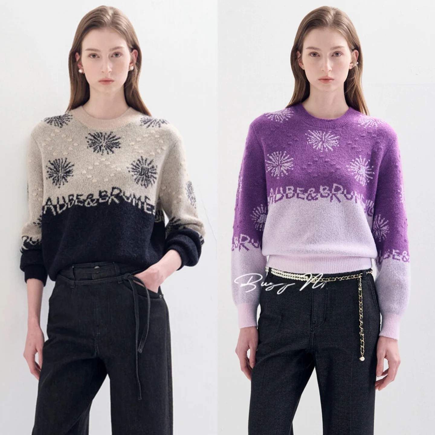 

Korean Sle Snowflake Beaded Woolen Sweater round Ne Color Blo Versatile Knitted irt Commute Friendly Ladies Faion