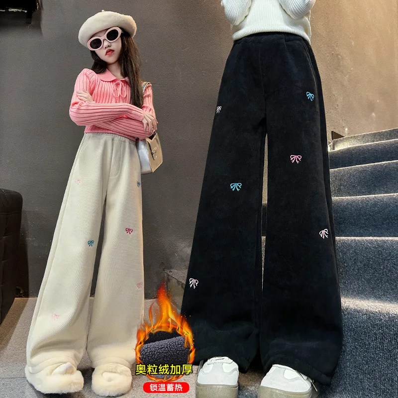 New Kids Autumn and Winter Girls Bow Embroidery Chenille Pants Thicken Warm Pants Teenager Children Wide-leg Pants Trouser ﻿