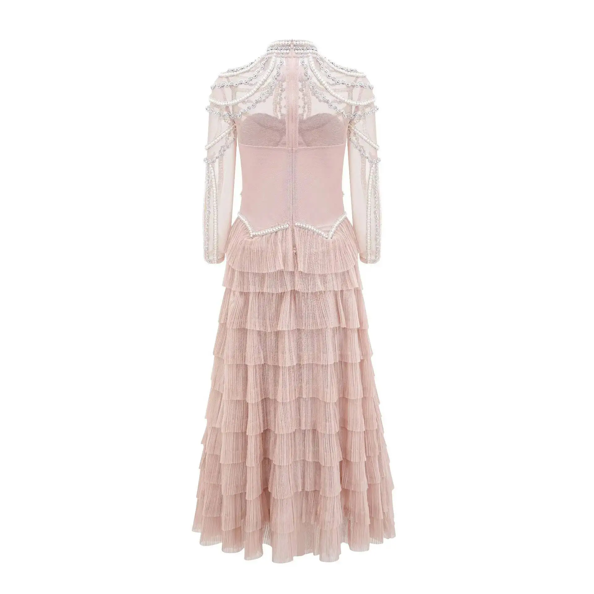 Luxury Banquet Evening Long Bridesmaid Wedding Dress Women Long Sleeve Beaded Pearls Diamonds Mesh Tulle Lace Vestidos Prom Robe