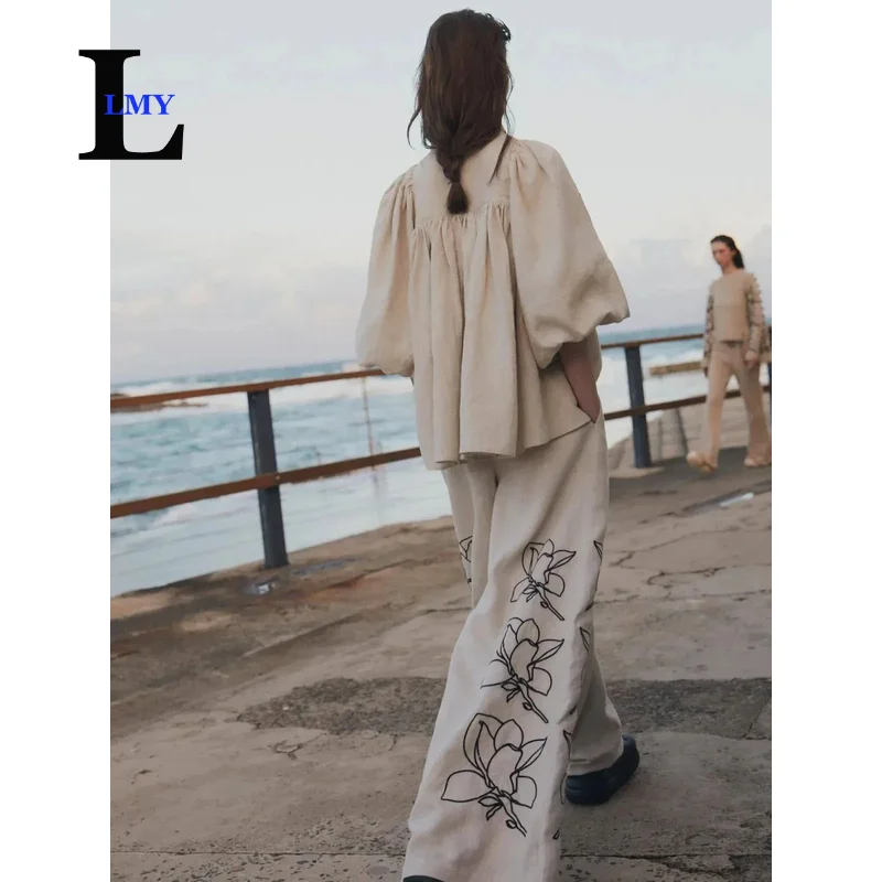 LMY Summer Holiday Women Sets Cotton Linen Stand Collar Lantern Sleeve Loose Flower Tops Wide Leg Oversize Pants Party