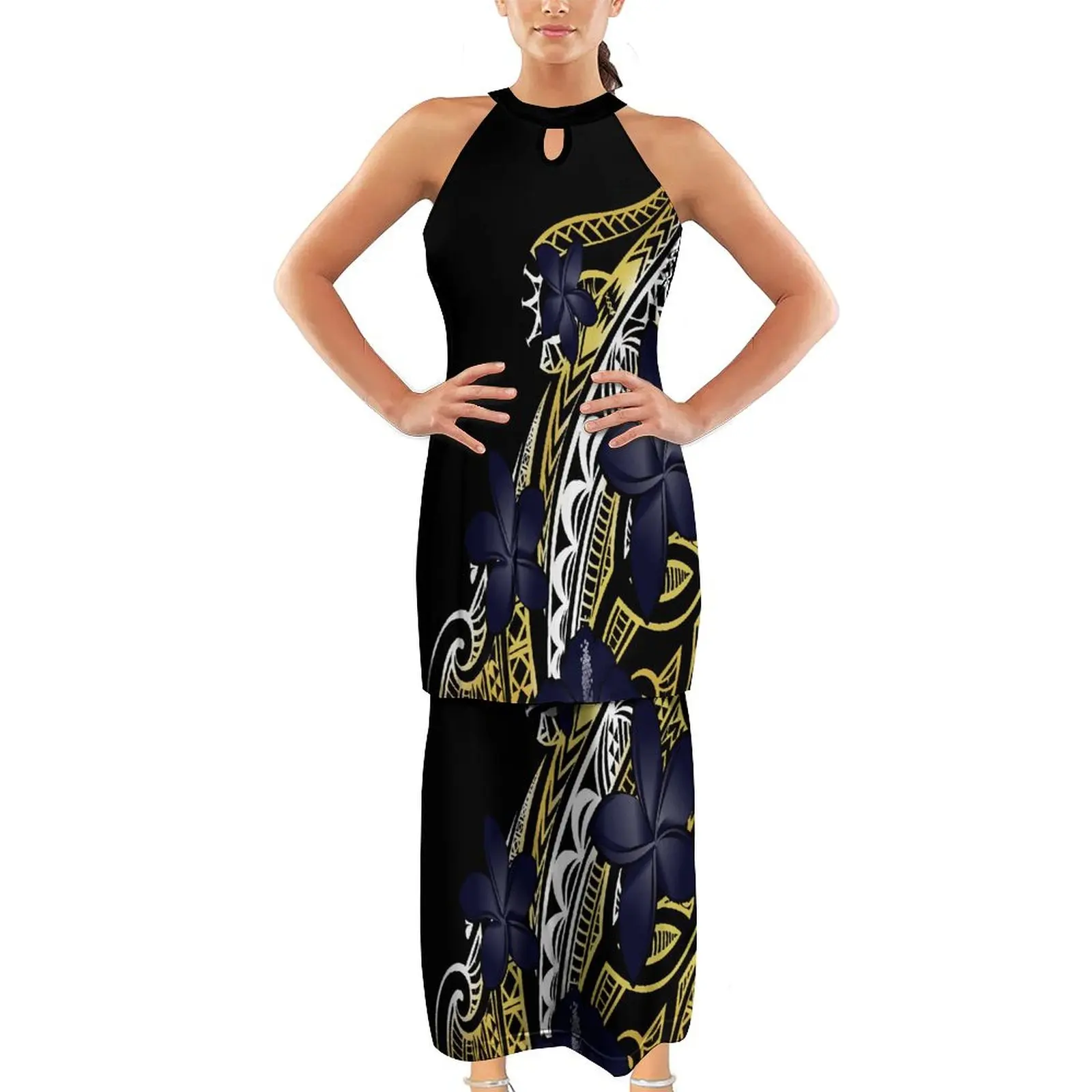 Fidschi Insel Puletasi polynesischen Stamm Blumen benutzer definierte Samoa Club Frauen kleid Doppel anzug Kleid Sommer ärmellose Nacken bügel Design