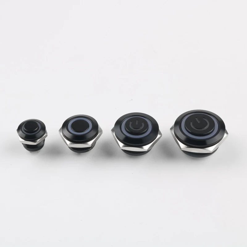 12/16/19/22mm Ultra-Short Oxide Black Shell Push-Button Switch, Self-Resetting, Waterproof High Flat Head, Power Ring Mark 6V24V