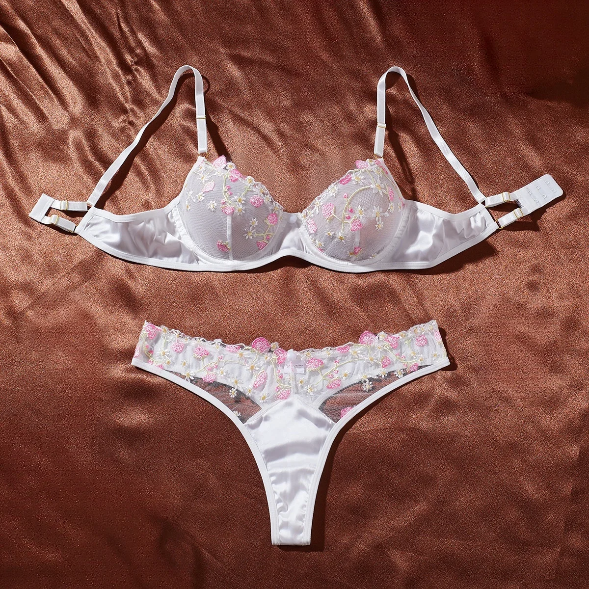 Krasapt Delicate Flower Embroidery Lingerie 2 Pcs Sets Fancy Mesh Patchwork Perspective Bras And Thongs Suits Erotic Outfits