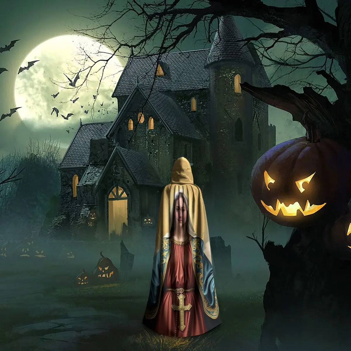 カトリック聖母マリアロングフード付きマント魔女中世コスチュームコスプレケープハロウィンヴァンパイア大人ユニセックス