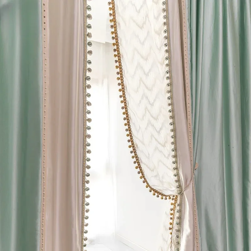 

Elegant Fashion Blackout LuxuryCurtains for Living Dining Room Bedroom Splicing Thickenin Mint Green Splicing Bead Customize