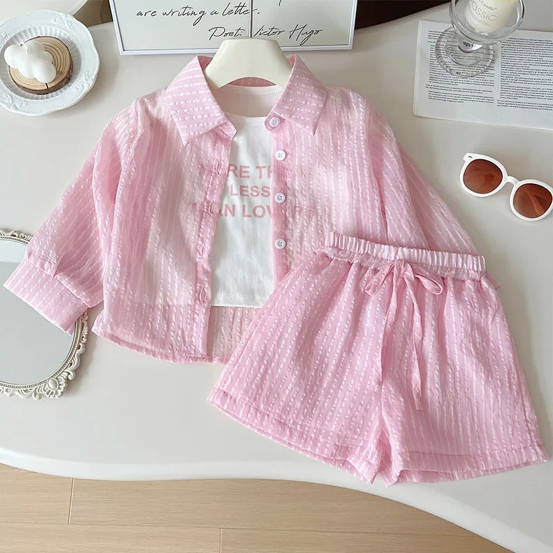

3Piece Summer Girls Outfit Sets Korean Fashion Letter Stripe Long Sleeve Pink Baby Tops+Vest+Shorts Boutique Kids Clothing B068